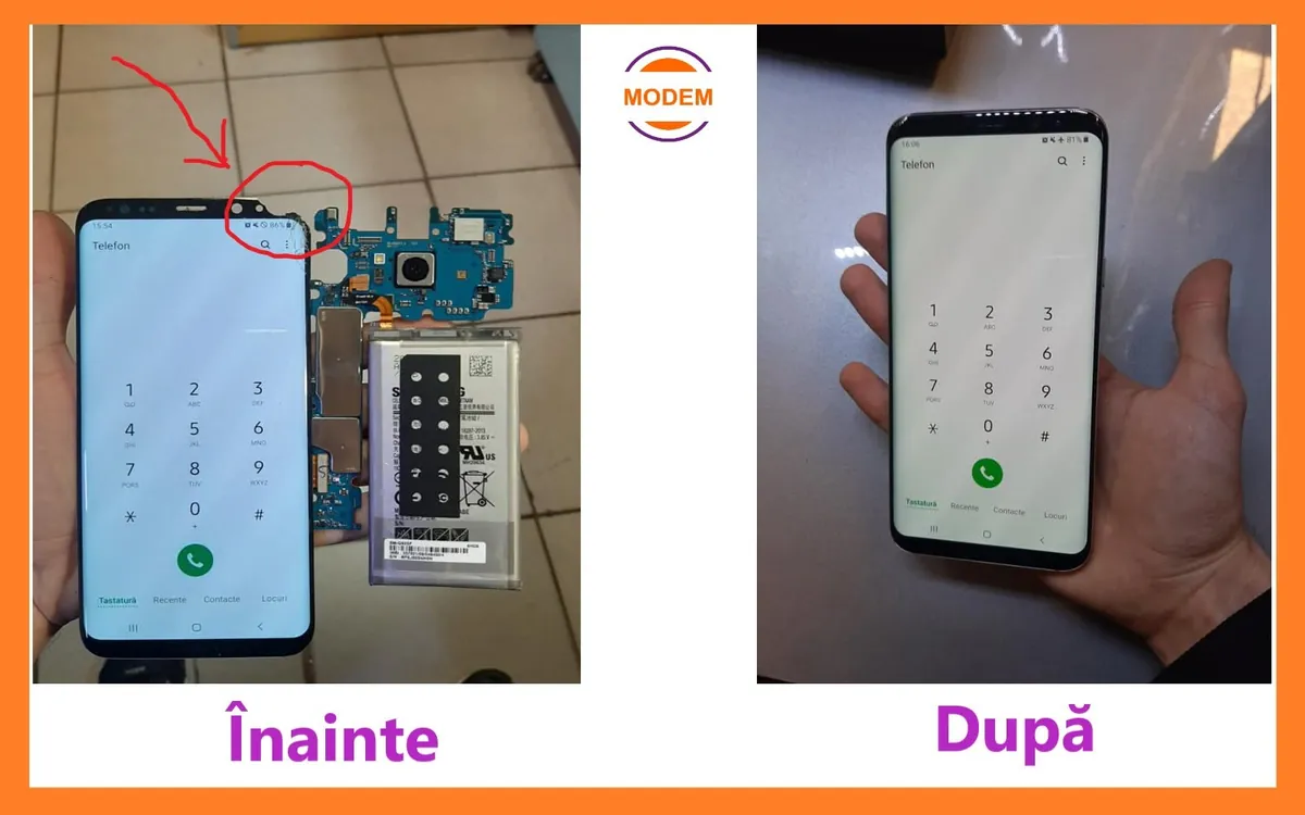 Telefon desfăcut pe bancul de lucru, înainte și după reparație